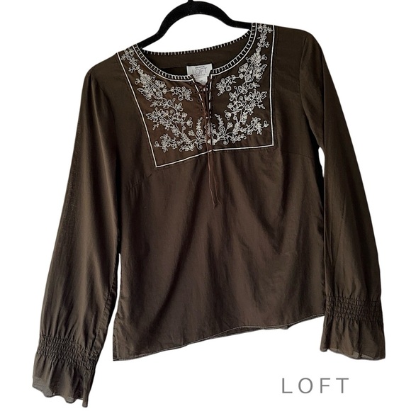 LOFT | NWOT LONG SLEEVE LACE UP EMBROIDERED COTTON TOP RUFFLE | MEDIUM PETITE - Picture 1 of 8